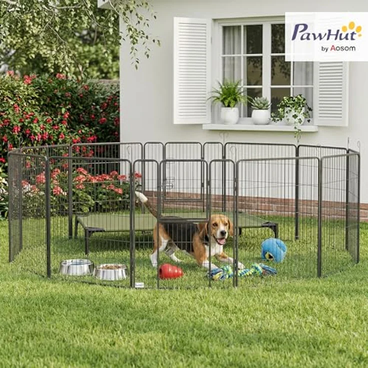 PawHut Welpenlaufstall Faltbar, 12-Teiliges, modulares Gehege für Mittlere Hunde, 100 cm, grau, inklusive Sicherheits-Türen und Erdspießen – Bild 2
