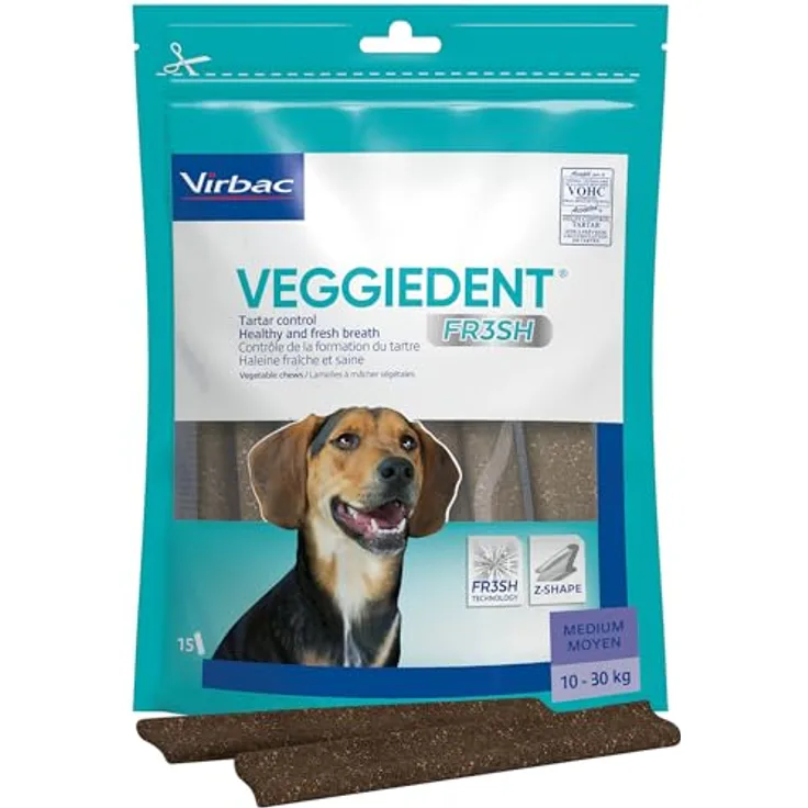 Virbac VeggieDent Fresh M, Vegetarische Kaustreifen für mittelgroße Hunde, 15 Stück, 350 g, mit patentierter Z-Form für Zahnreinigung