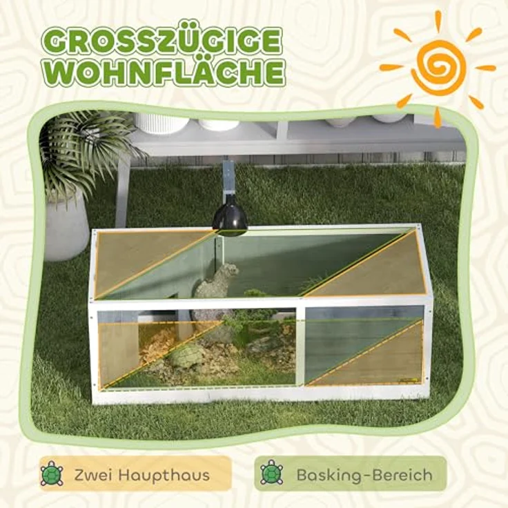 PawHut Schildkrötenhaus aus Holz, Schildkrötengehege mit zwei Haupthäusern, aufklappbarem Oberseite, Lichtständer und transparenter Frontplatte, 120 x 50 x 40 cm, Grau – Bild 3