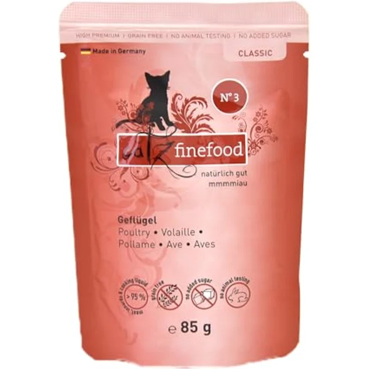 catz finefood N° 3 Geflügel Feinkost Katzenfutter, nass, 69% Geflügel, verfeinert mit Preiselbeeren & Löwenzahn, 1 x 85g Beutel – Bild 4