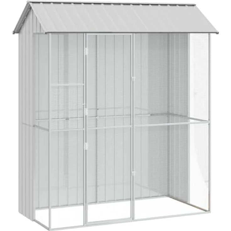 vidaXL Vogelkäfig Grau 215 x 110 x 247 cm, verzinkter Stahl, modernes Vogelheim, stabiles Gehege für Haustier-Vögel – Bild 1