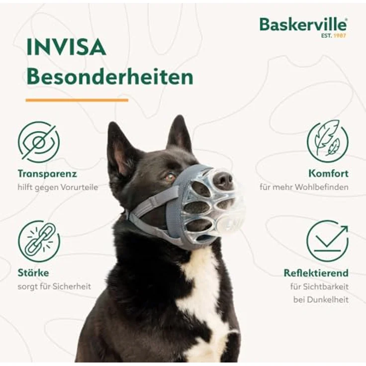 Baskerville INVISA Maulkorb, patentiertes hundefreundliches Design, verstellbar und gepolstert, Größe 6, transparentes TPE, verhindert Beißen und Stöbern – Bild 3
