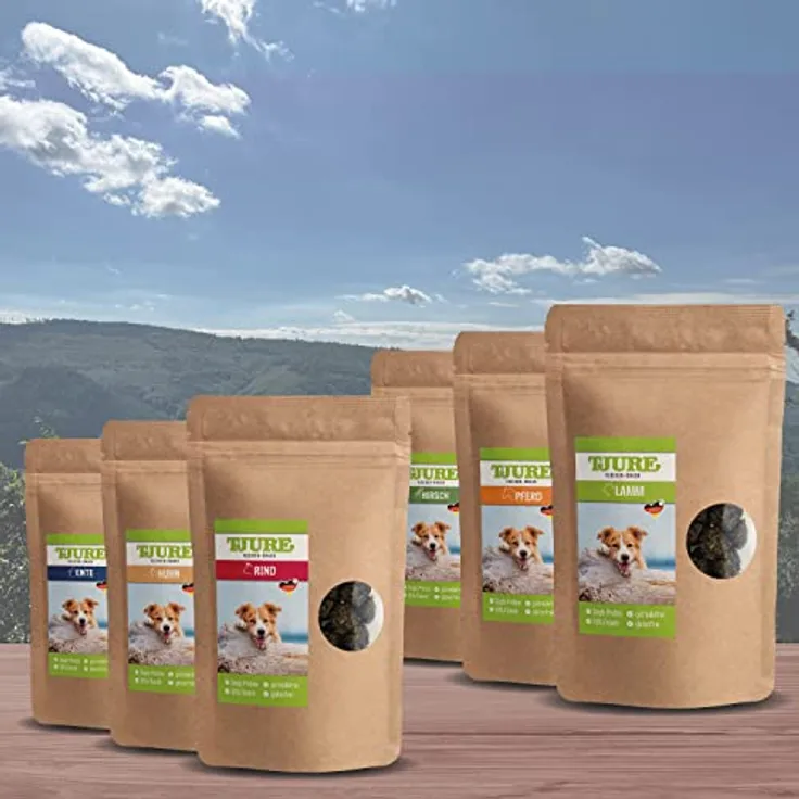 TJURE Hundesnack Mix All in One (6 x 150g) | Getreidefreie Trainingsleckerli mit 95% Fleisch in 6 Sorten | Luftgetrocknete Hunde Snacks ohne Zusatzstoffe