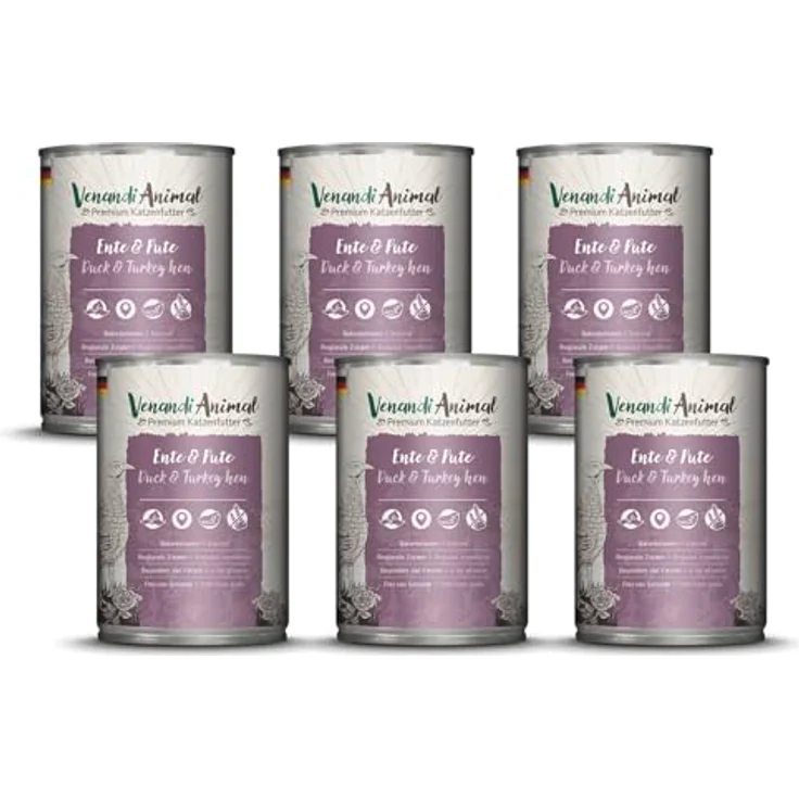 Venandi Premium Nassfutter für Katzen - Ente & Pute, 6 x 400g (6er Pack), getreidefrei mit extra hohem Fleischanteil – Bild 1