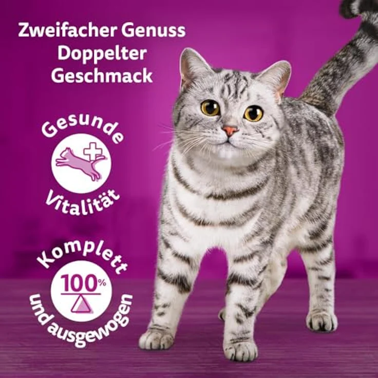 WHISKAS Duo Nassfutter Portionsbeutel Multipack, Classic Combo in Gelee, 12 x 85g, 4 Geschmacksrichtungen mit Rind, Geflügel, Lamm, Ente, Huhn, Leber, Pute, Wild, enthält alle Nährstoffe für eine gesunde Katze – Bild 3