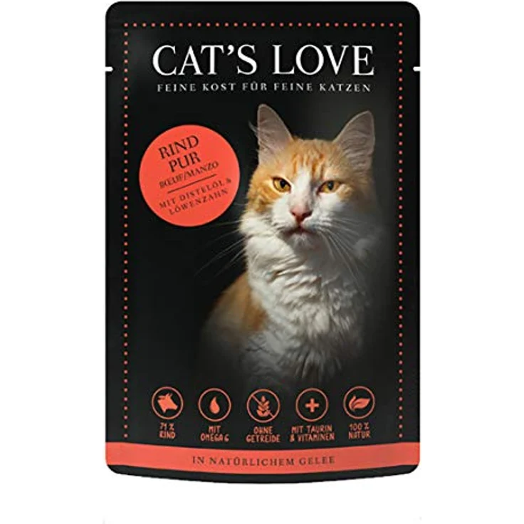 Cat's Love Nassfutter Rind Pur mit Distelöl und Löwenzahn, 12x85g, hohem Fleischanteil für ausgewachsene Katzen – Bild 1