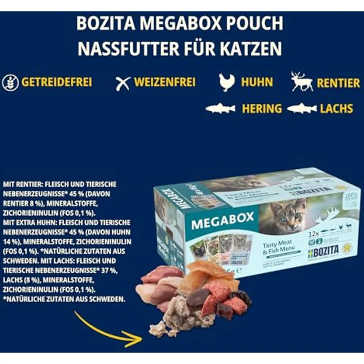 Bozita Katze Pouch Häppchen in Sauce Megabox, 48x85g, getreidefreies Nassfutter in 4 Geschmacksrichtungen (Lachs, Hering, Huhn, Rentier) mit 100 % tierischem Eiweiß – Bild 3