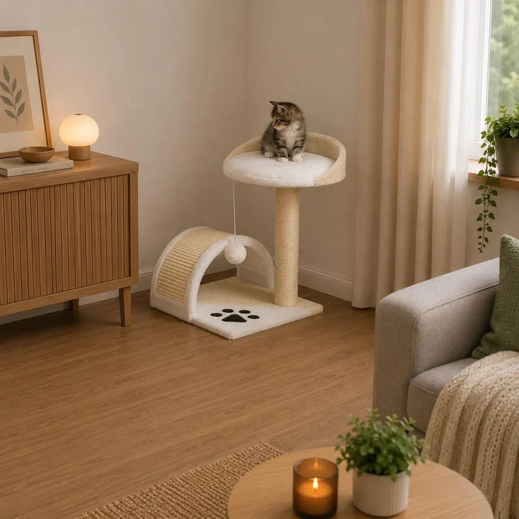 belviona Katzenkratzbaum, platzsparender Kratzbaum mit Sisal-Kratzflächen, Spielzeug und Liegeplateau, beige/weiß