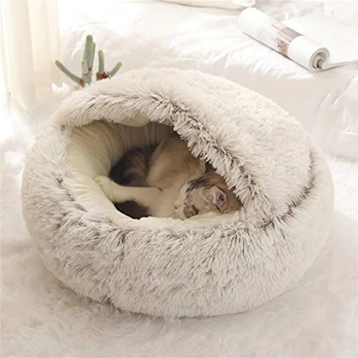 Fashionapple Flauschiges Katzenbett, Rundes Plüsch-Höhlenbett mit Kapuze, Rutschfest, Maschinenwaschbar, Warm für Katzen und Welpen, Kaffee, 40 cm