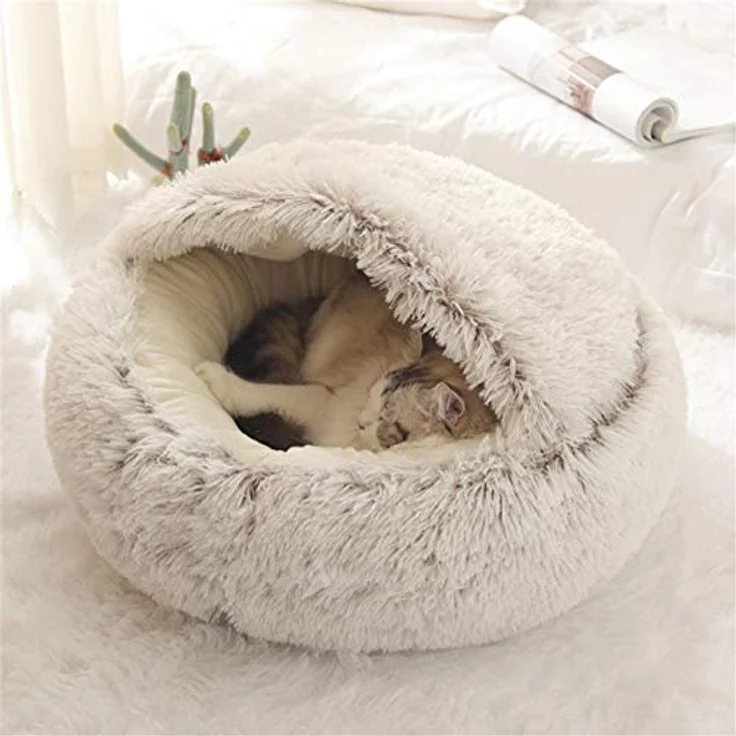 linlinfa Flauschiges Katzenbett, runde Höhle mit Kapuze, weiches Plüsch, rutschfest, maschinenwaschbar, grau, für Katzen und Welpen – Bild 1
