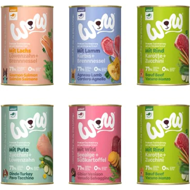 Wow Hundefutter nass Adult Mixpaket 6 Sorten x400g, reichhaltiges getreidefreies Nassfutter für ausgewachsene Hunde aller Rassen, 71% Fleischanteil, ohne Zucker, hohe Verträglichkeit – Bild 1