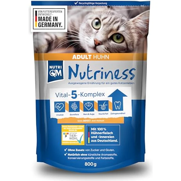 NutriQM Nutriness Adult Trockenfutter Huhn, 5×800 g - ohne Gluten & Zucker, hohe Akzeptanz & glänzendes Fell, Initiative Tierwohl zertifiziert, Made in Germany – Bild 1