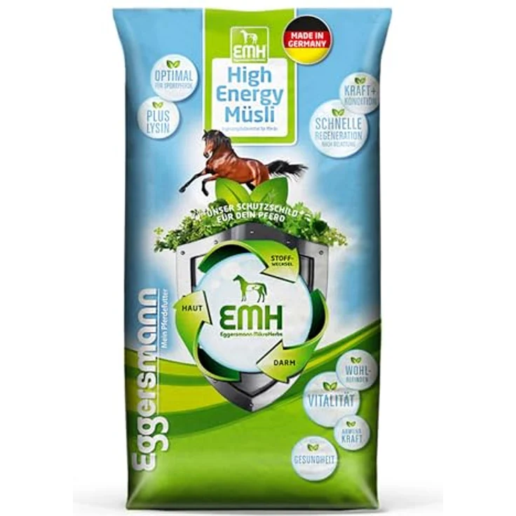 Eggersmann EMH High Energy Müsli für Sport- und Hochleistungspferde, Spezialmüsli mit Lysin, 20 kg Sack, hohe Verdaulichkeit, mit Omega-3-Fettsäuren, Deutsche Qualität – Bild 1