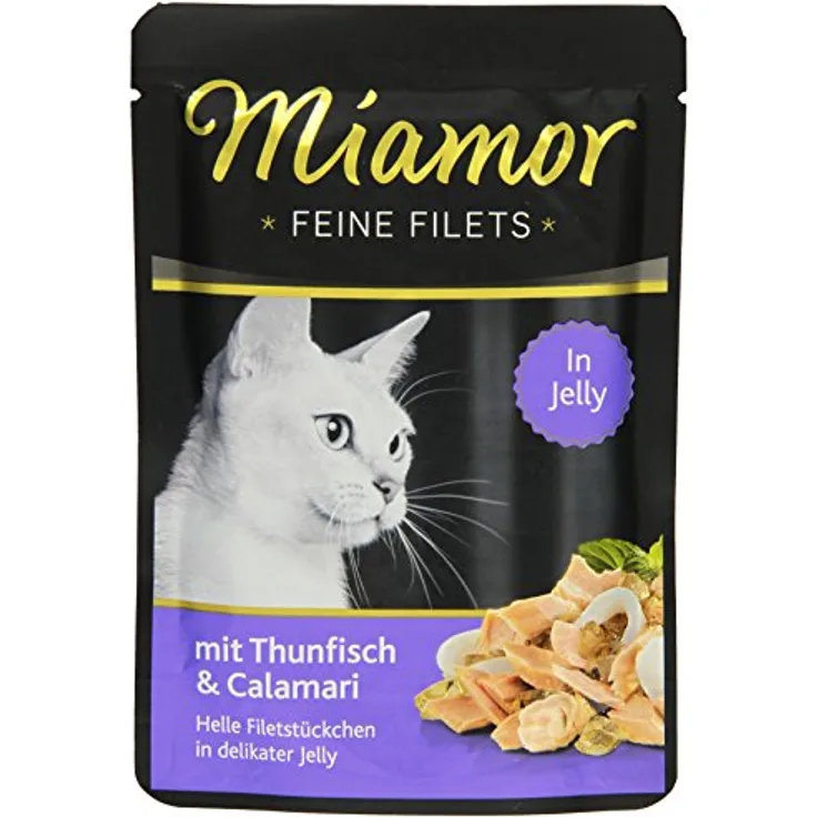 Miamor Feine Filets in Jelly Thun & Calamari, Ergänzungsfuttermittel für Katzen, 24x100g, fettarm und leicht verdaulich