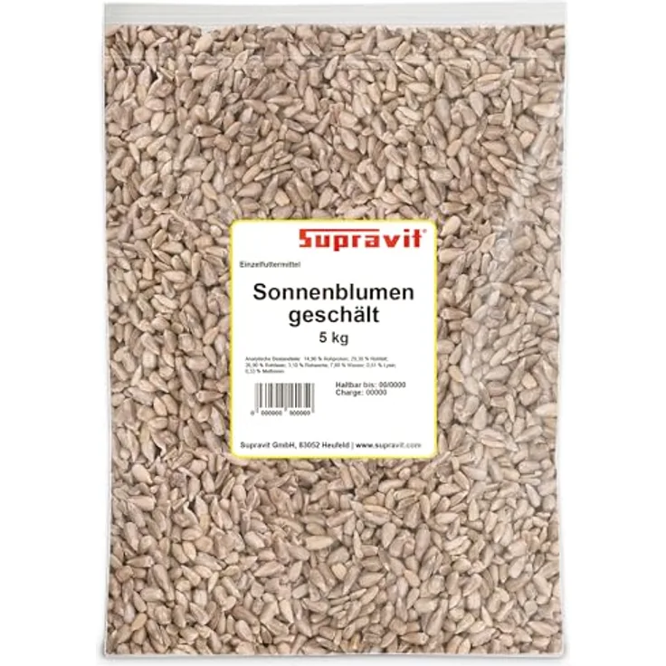 Supravit Sonnenblumenkerne geschält, 5kg Beutel Vogelfutter für Wildvögel, energiereiches Ganzjahresfutter aus deutschen Anbaugebieten