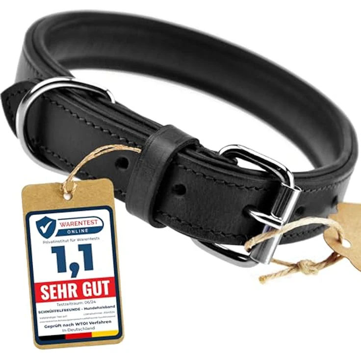 Schnüffelfreunde Lederhalsband für Hunde, gepolstert und robust, Größe XXL (55-65cm), Schwarz – Bild 1