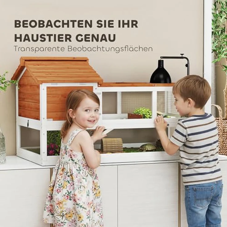 PawHut Kleintierstall mit zwei Haupthäusern, aufklappbarem Dach, Lampenhalter für Schildkröten und Reptilien, 116 x 70,5 x 69,5 cm, Orange – Bild 5