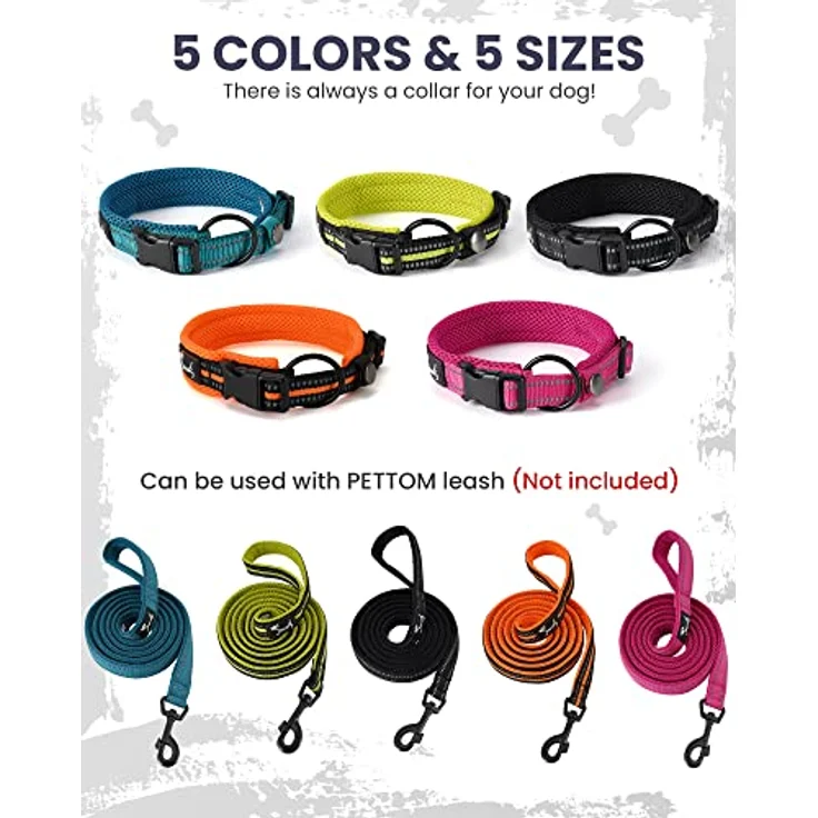 PETTOM Hundehalsband, Verstellbares Nylonhalsband mit gepolstertem Mesh, Atmungsaktiv und Reflektierend, Schwarz XS – Bild 4