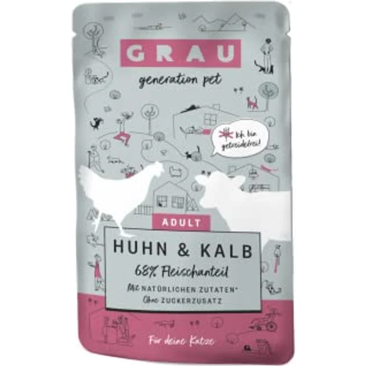 GRAU Nassfutter für Katzen - Huhn & Kalb, getreidefrei, 16er Pack (16 x 125 g) für Erwachsene Katzen – Bild 1