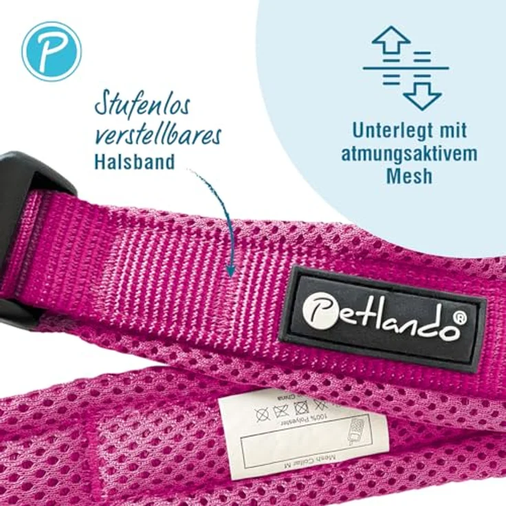 Petlando Mesh Hundehalsband, leicht und atmungsaktiv, weich gepolstert, stufenlos verstellbar, robust, 3XS 25-30cm, Fuchsia – Bild 2
