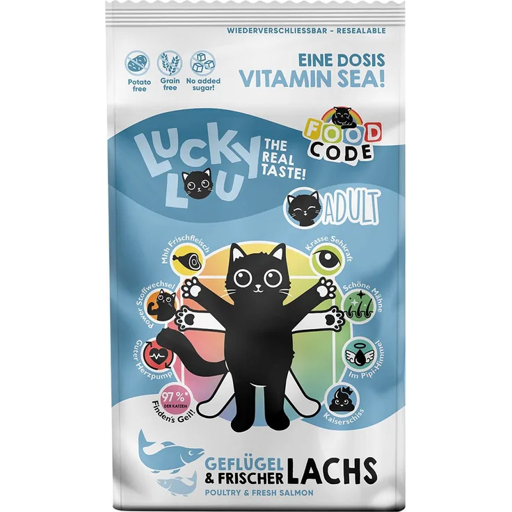 Lucky Lou Adult Katzen-Trockenfutter Geflügel und Lachs, 1,7 kg, mit 8 Gesundheitsbenefits