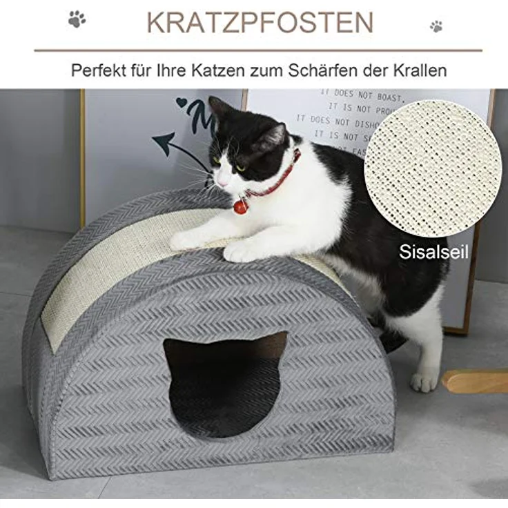 PawHut Katzenhöhle mit Kratzbrett, Sisal Katzenbett und Kratzhaus, grau, 48,5 x 30 x 30 cm, stabil und weich gepolstert – Bild 4