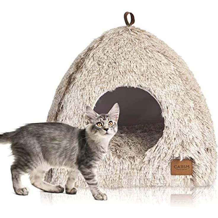 CATISM Katzenbett Waschbar, plüschiges Höhlenbett für Katzen mit rutschfestem Boden, Kaffee – Bild 1