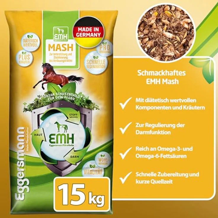 Eggersmann Mein Pferdefutter EMH Mash 15 kg, Ergänzungsfuttermittel zur Unterstützung der Darmflora & Verdauung, mit Omega-3- & Omega-6-Fettsäuren – Bild 5