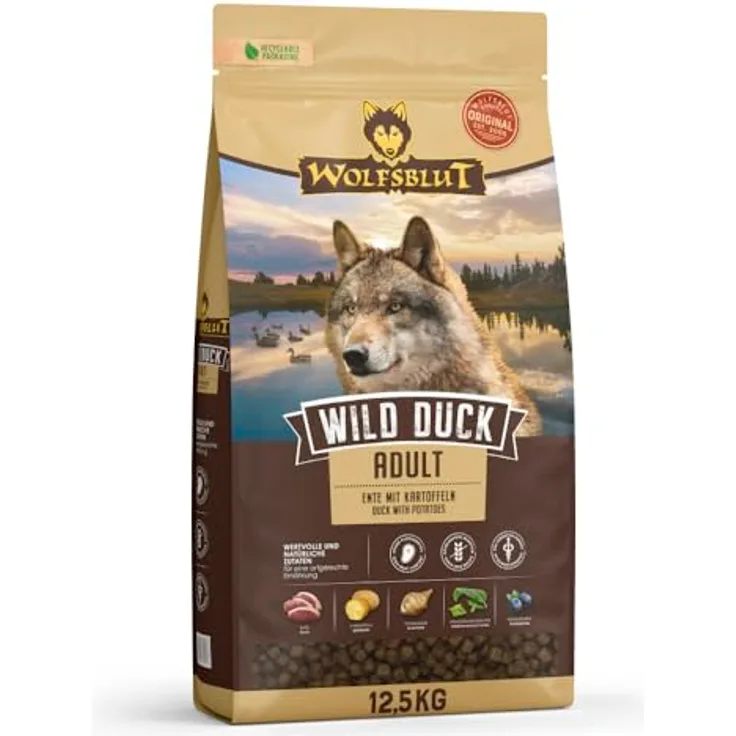 Wolfsblut Wild Duck Adult, Trockenfutter für Hunde mit Ente, 12,5 kg, getreidefrei, ohne Zusatzstoffe, reich an Fleisch und Superfood-Komplex