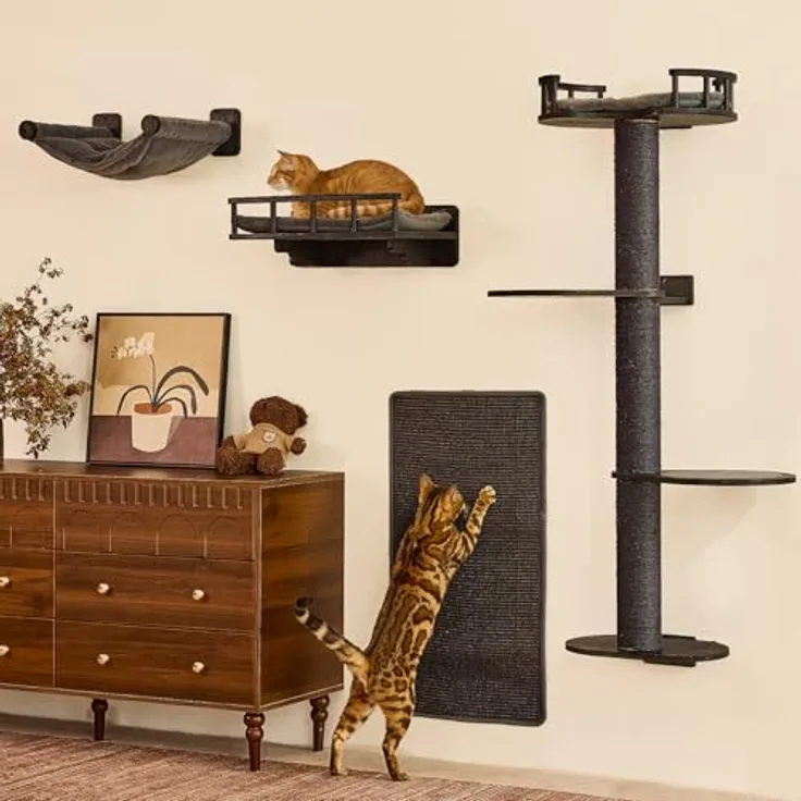 FUKUMARU Kletterwand Katzen-Set, 4 in 1 mit Hängematte, Kratzbaum, Wandregalen und Sisalmatte – Platzsparendes Wandmöbel für Katzen (Schwarz)