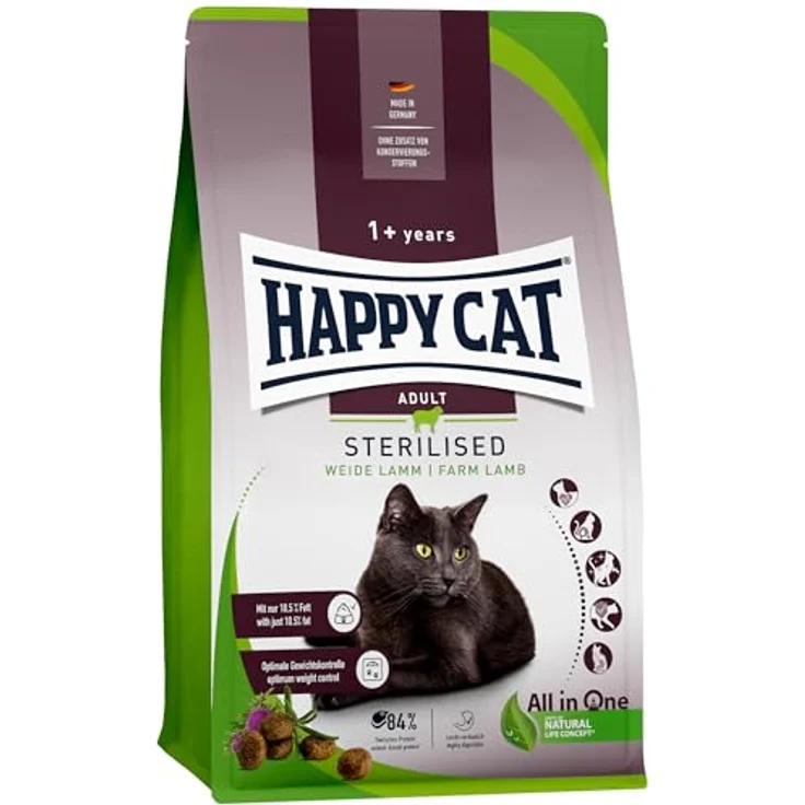 Happy Cat Supreme Trockenfutter für Katzen, Adult, sterilisiert, Weide-Lamm, 4 kg, 10,5% Fett, ohne Zucker, unterstützt Gewichtsmanagement und Haarballenkontrolle – Bild 1