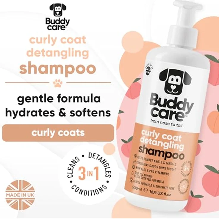 Buddycare Curly Coat Entwirrendes Hundeshampoo, Tiefenreinigung mit Pfirsichduft, Aloe Vera und Provitamin B5, 500ml – Bild 2