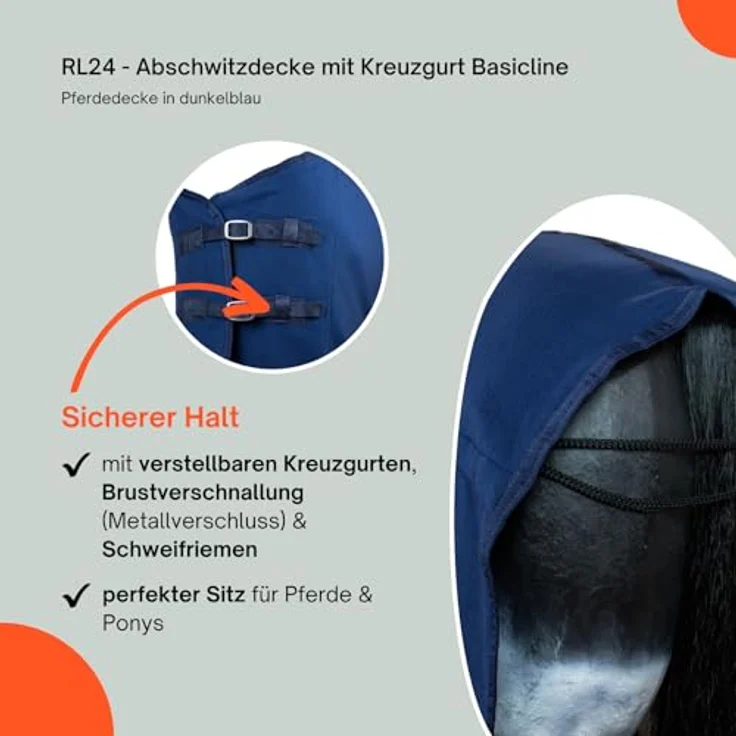 RL24 Abschwitzdecke BASICLINE mit Kreuzgurt, atmungsaktiv und schnelltrocknend, dunkelblau, 165 cm – Bild 4