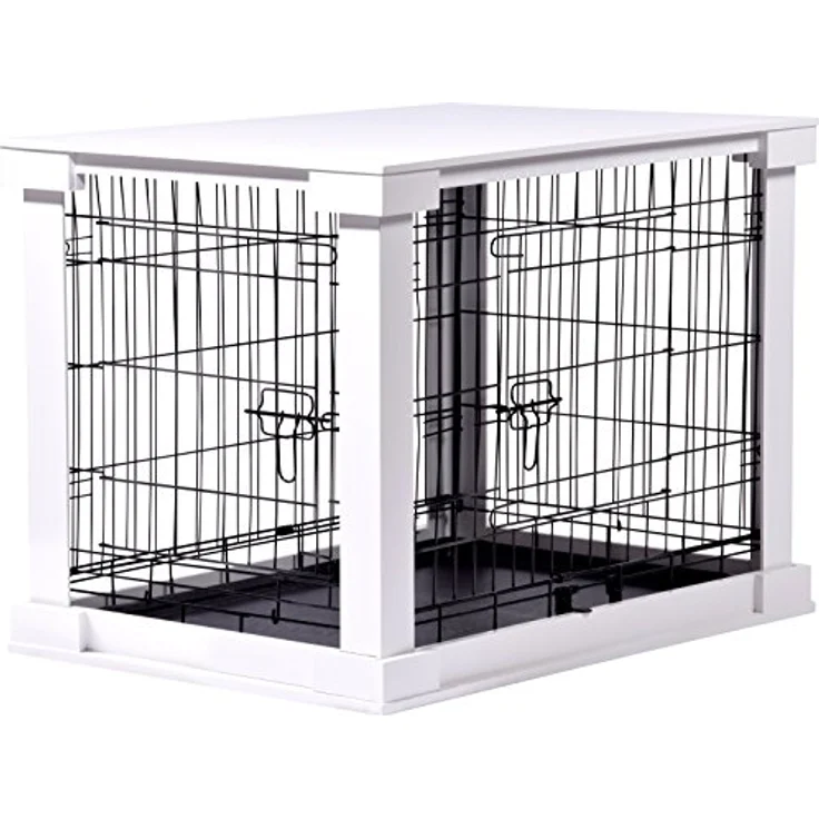 dobar® Design Hundekäfig aus Holz Gr. M, Hundebox mit Tischoberfläche und herausziehbarer Kunststoffwanne, 83 x 55 x 59 cm, Weiß – Bild 2