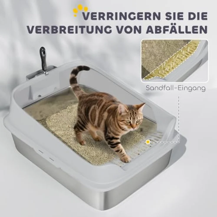 PawHut Offene Katzenklo Edelstahl, hohe Wände, für große Katzen bis 12 kg, grau, 69,8 x 50,3 x 29,8 cm – Bild 6