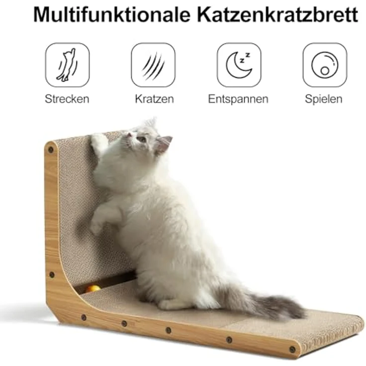 FUKUMARU Kratzbrett Katzen, 68 cm hohe L förmige Kratzpappe für Katzen, widerstandsfähig Katzenkratzbrett mit Ballspielzeug, Katzen Kratzmöbel aus hochwertiger Karton für Wand und Ecke, Groß – Bild 3