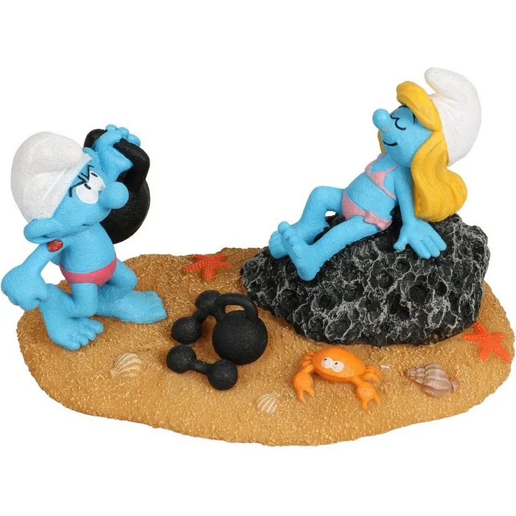 Europet-Bernina Aquariendeko, Schlümpfe am Strand mit Schlumpfine & Muskelschlumpf, Polyesterharz, ungiftig, für Süß- und Salzwasseraquarien