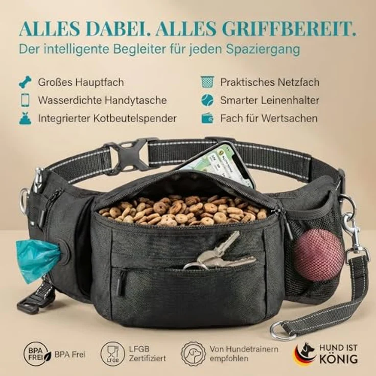HUND IST KÖNIG Leckerlitasche für Hunde, Robuste Bauchtasche mit Kotbeutelspender, Handyfach & Gurt für Flexileine, Schwarz – Bild 2