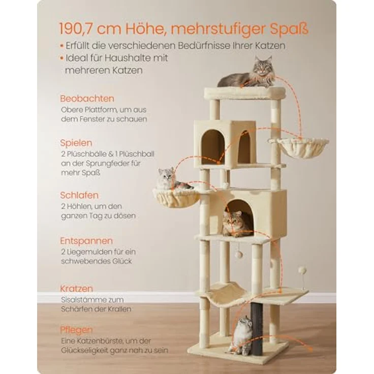 Feandrea Kratzbaum groß, 190,7 cm hoch, XXL, mehrstöckiger Katzenbaum mit 2 Höhlen, 2 Liegemulden, 5 Kratzsäulen, Katzenbürste, große Plattform, sandbeige – Bild 4