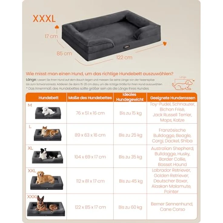Feandrea Orthopädisches Hundebett PGW325GN01, XXXL mit erhöhtem Rand, Noppenschaumstoff, abnehmbarer waschbarer Bezug, rutschfest, schiefergrau, 122 x 85 x 17 cm – Bild 5