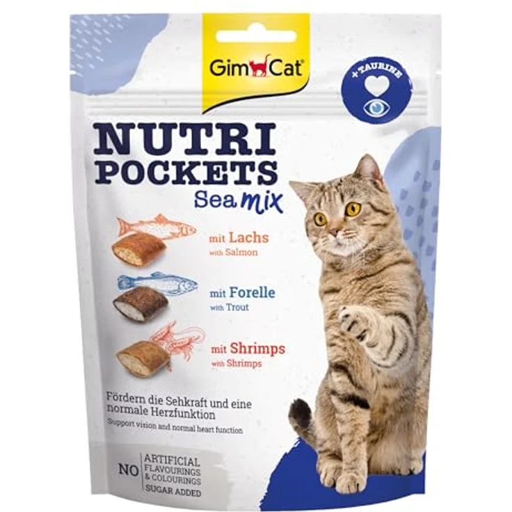 GimCat Nutri Pockets Sea Mix, knuspriger Katzensnack mit cremiger Füllung, Lachs, Forelle und Shrimps, 150 g – Bild 1