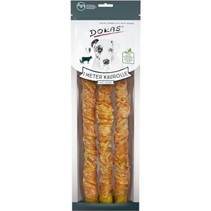 Dokas Dog Snack Kaurolle aus Rinderhaut mit Huhn, 1 m, 8 x 315g, hoher Rohproteinanteil 86,4%