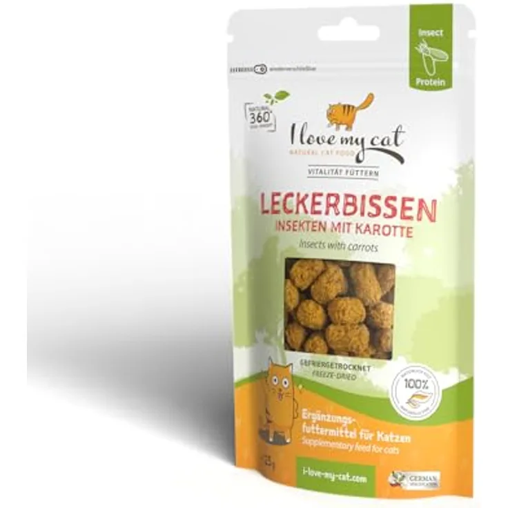 I love my cat Freeze-Snack für Katzen mit Insekten und Karotte, getreidefreies gefriergetrocknetes Leckerli, 25 g, leicht verdaulich und proteinreich