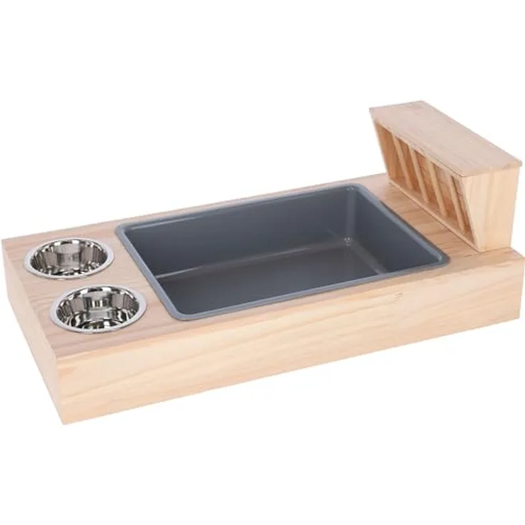 Kerbl Pet Buddel- und Futterstation, Kiefernholz, 70x36x24cm, Fressstation mit 2 Edelstahl-Näpfen für Nager, für Innen- und Außenbereich