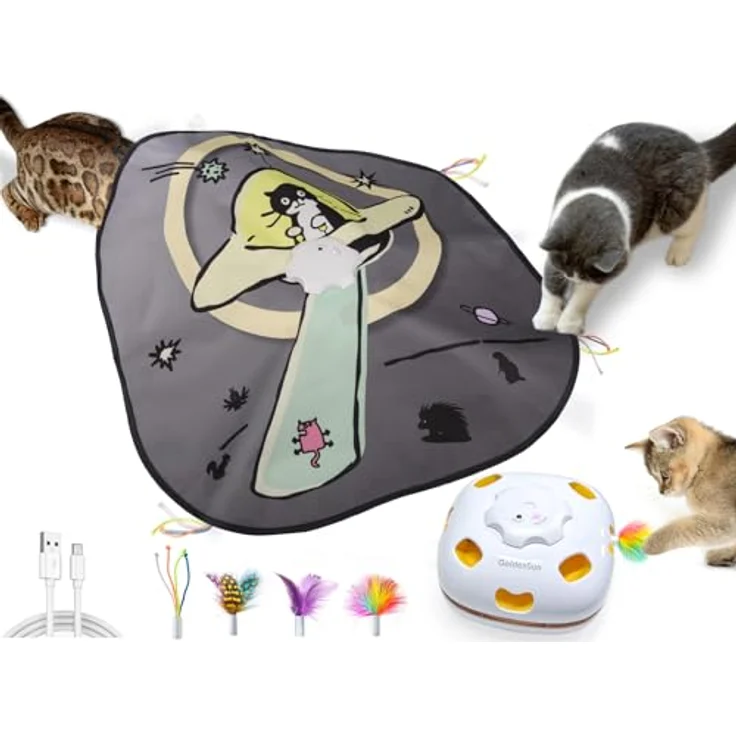 GoldenSun Katzenspielzeug 4-in-1 interaktiv, Aufladbares Selbstspielzeug mit 3 DIY-Ersatzfedern für Katzen – Bild 1