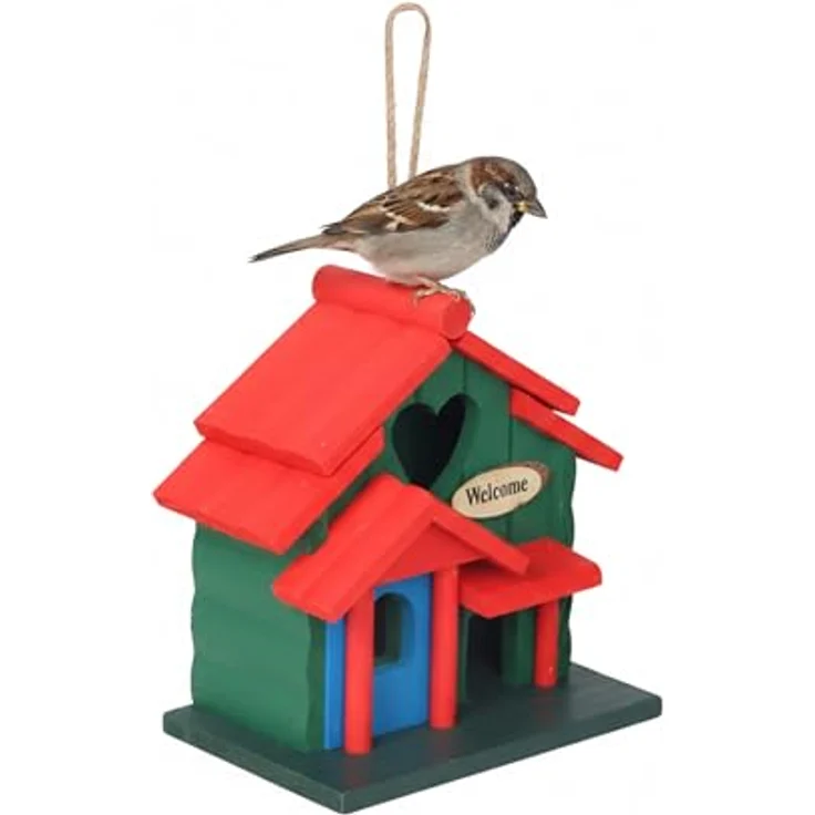 Relaxdays Deko Vogelhaus, Landhausstil, Holz, HBT 21 x 20 x 13,5 cm, mehrfarbige Vogelvilla zum Aufhängen für Garten – Bild 1