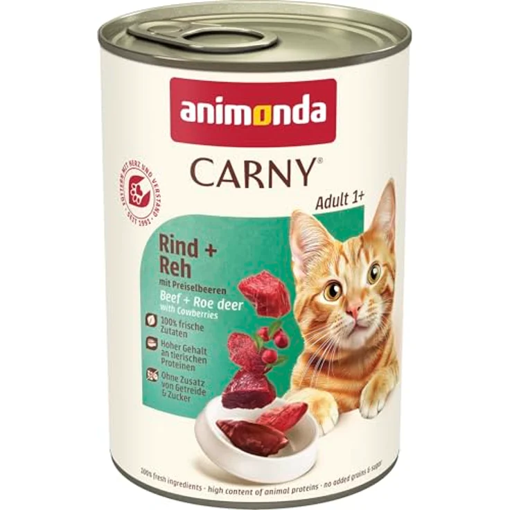 animonda Carny Katzen Nassfutter Rind + Reh mit Preiselbeeren, getreidefreies Futter ohne Zucker, 6 x 400g, frische fleischige Zutaten für erwachsene Katzen – Bild 1