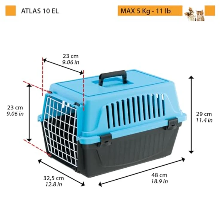 Ferplast Atlas 10 EL Transportbox für Katzen und kleine Hunde bis 5 kg, robuste Hartschale mit plastifizierter Eisentür und Lüftungsschlitzen, 32,5x48xH 29 cm, Hellblau – Bild 2