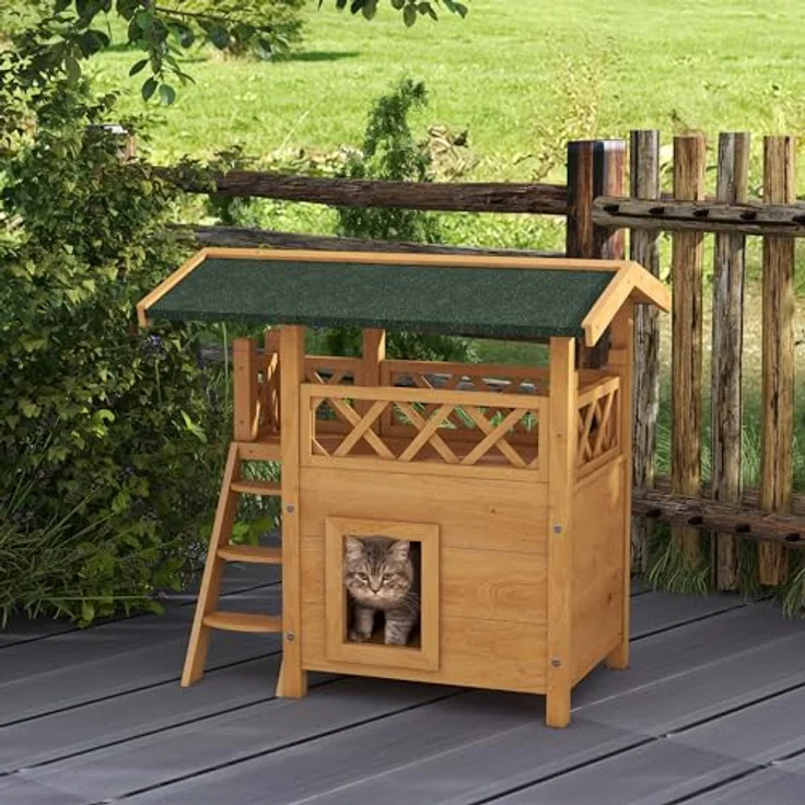 PawHut Katzenhaus mit Asphaltdach, 2-stöckig, Katzenhütte mit Balkon und Treppe aus massivem Fichtenholz, Natur, 77 x 50 x 73 cm – Bild 2