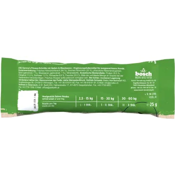 Sammy's Fitness Schnitte mit Äpfeln und Blaubeeren, Proteinreich, schonend hergestellt, getreidefrei, Hundeleckerli, Trainingssnack, 20 x 25 g – Bild 4